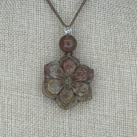 Jewelry - Polychrome Jasper Flower Pendant Necklace on Brown Rope